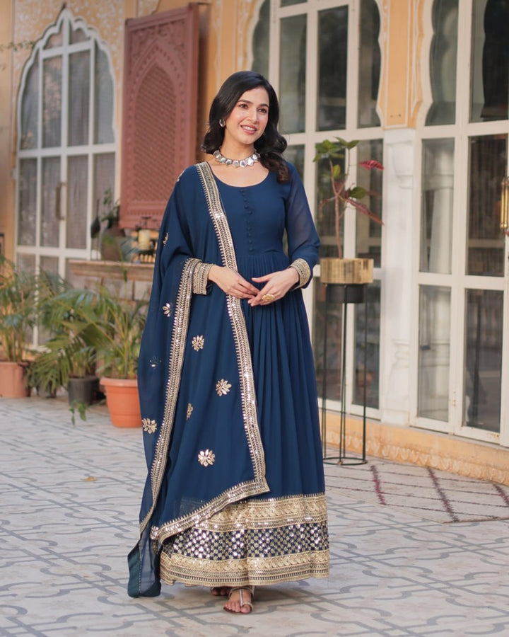 Rama Color Faux Blooming Zari Embroidered Work Gown