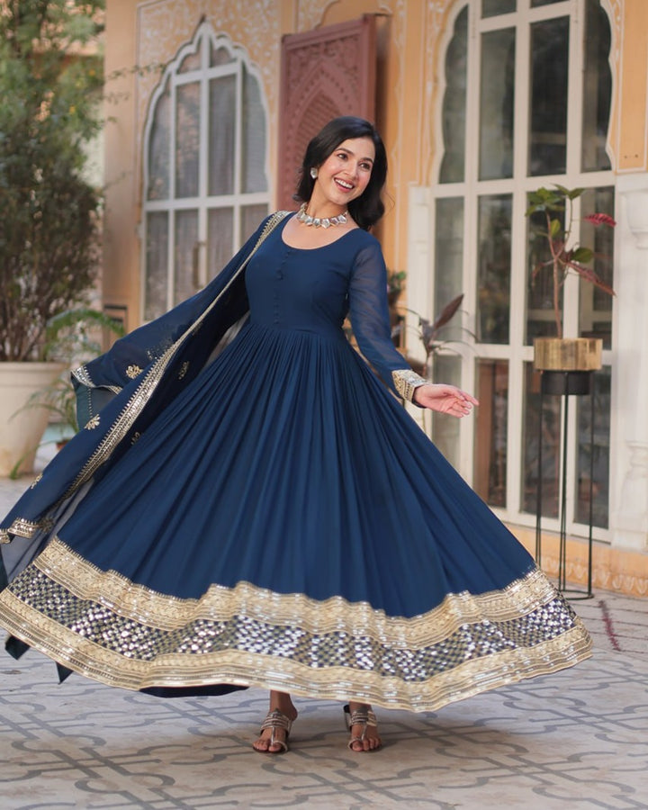 Rama Color Faux Blooming Zari Embroidered Work Gown