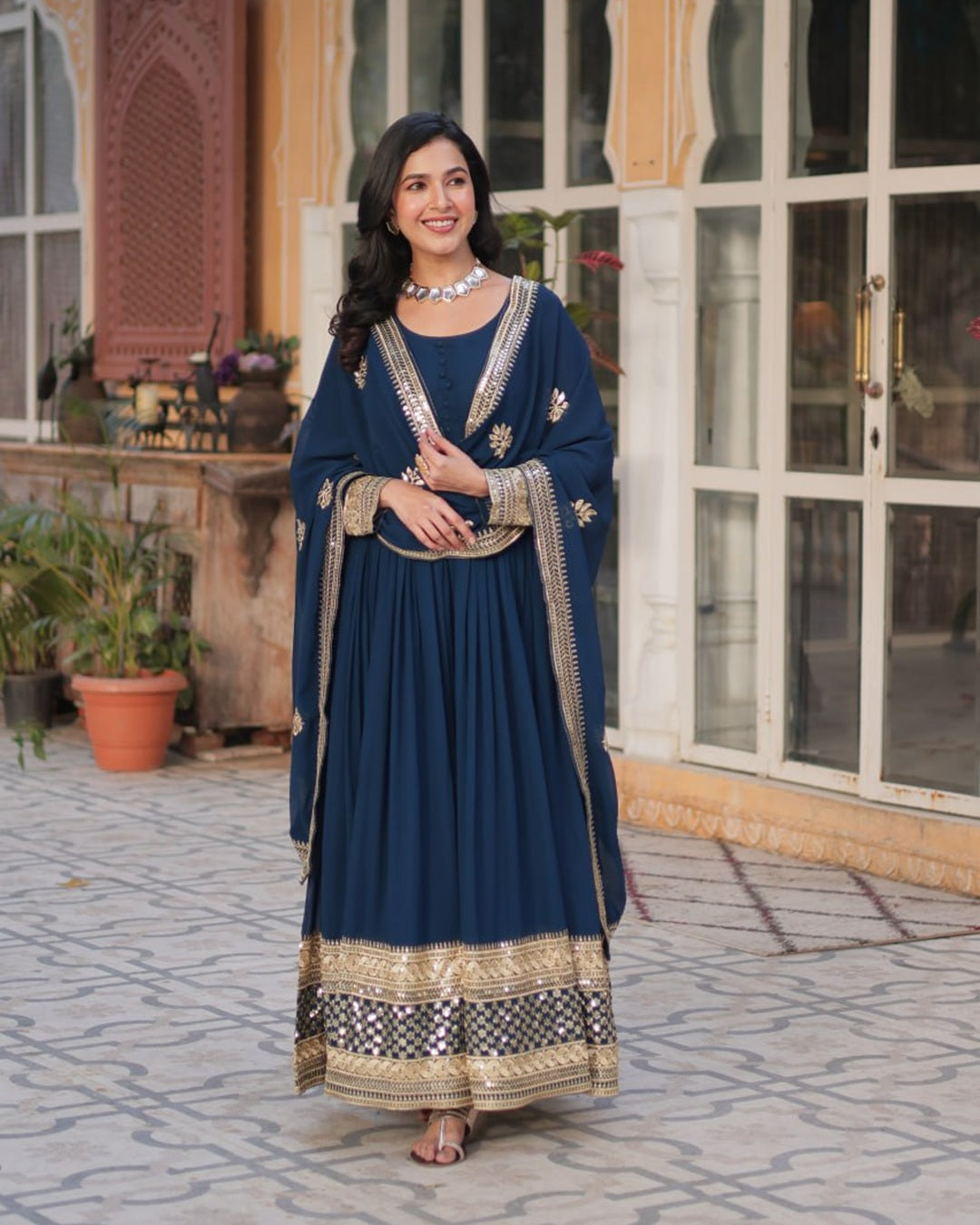 Rama Color Faux Blooming Zari Embroidered Work Gown