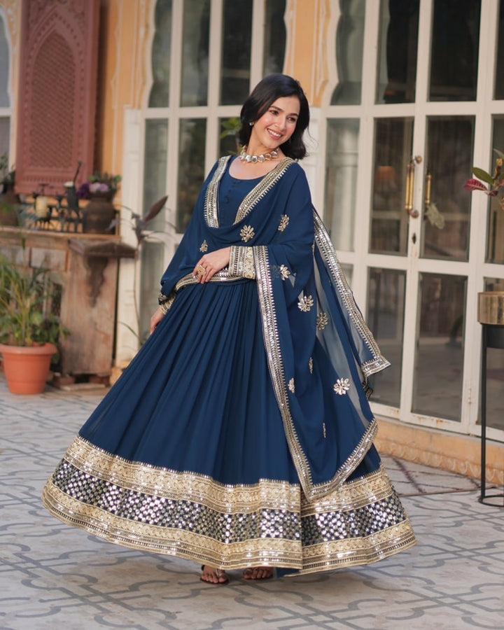 Rama Color Faux Blooming Zari Embroidered Work Gown
