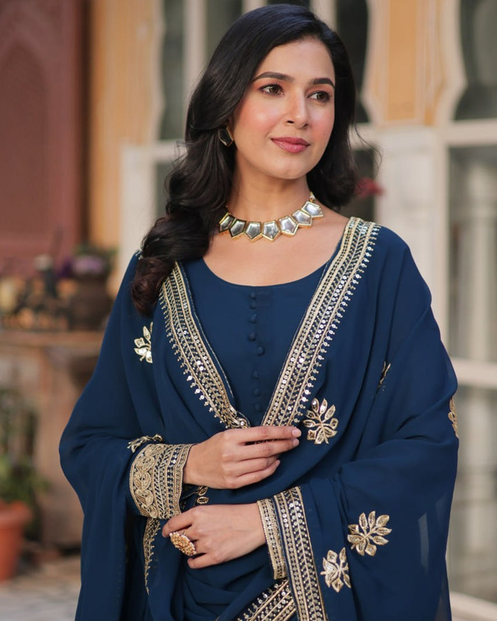 Rama Color Faux Blooming Zari Embroidered Work Gown