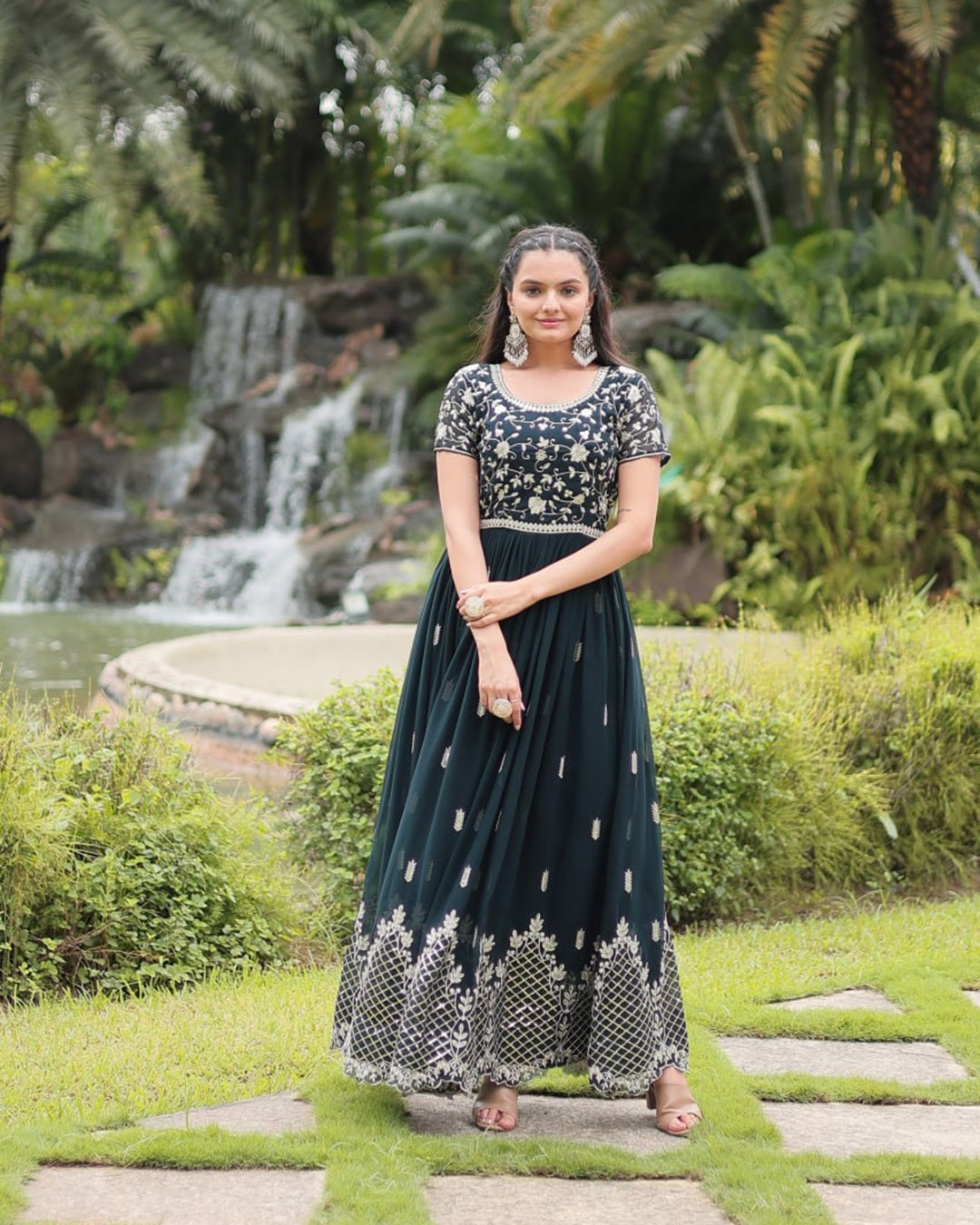 Mehndi Color Faux Blooming Embroidered Gown