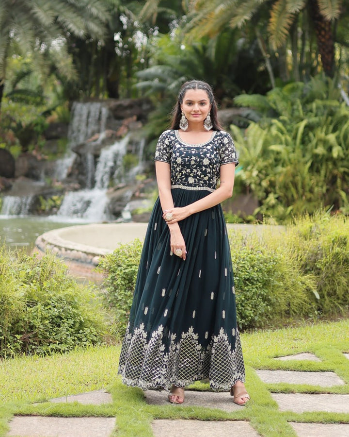 Mehndi Color Faux Blooming Embroidered Gown