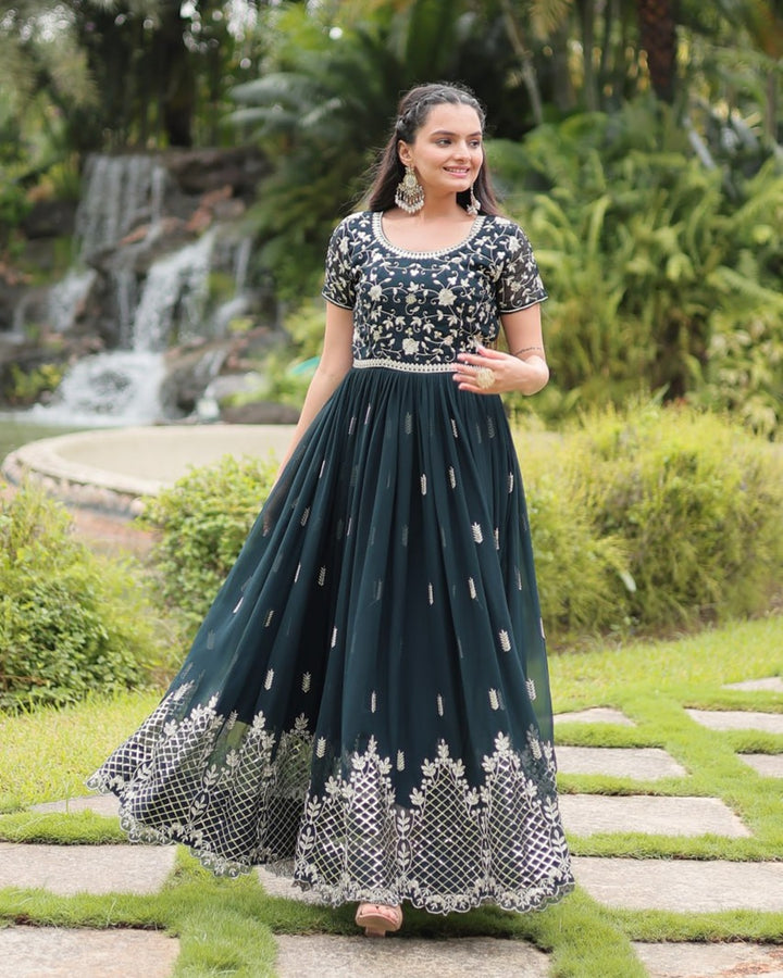 Mehndi Color Faux Blooming Embroidered Gown