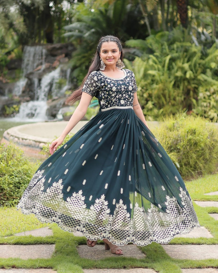 Mehndi Color Faux Blooming Embroidered Gown