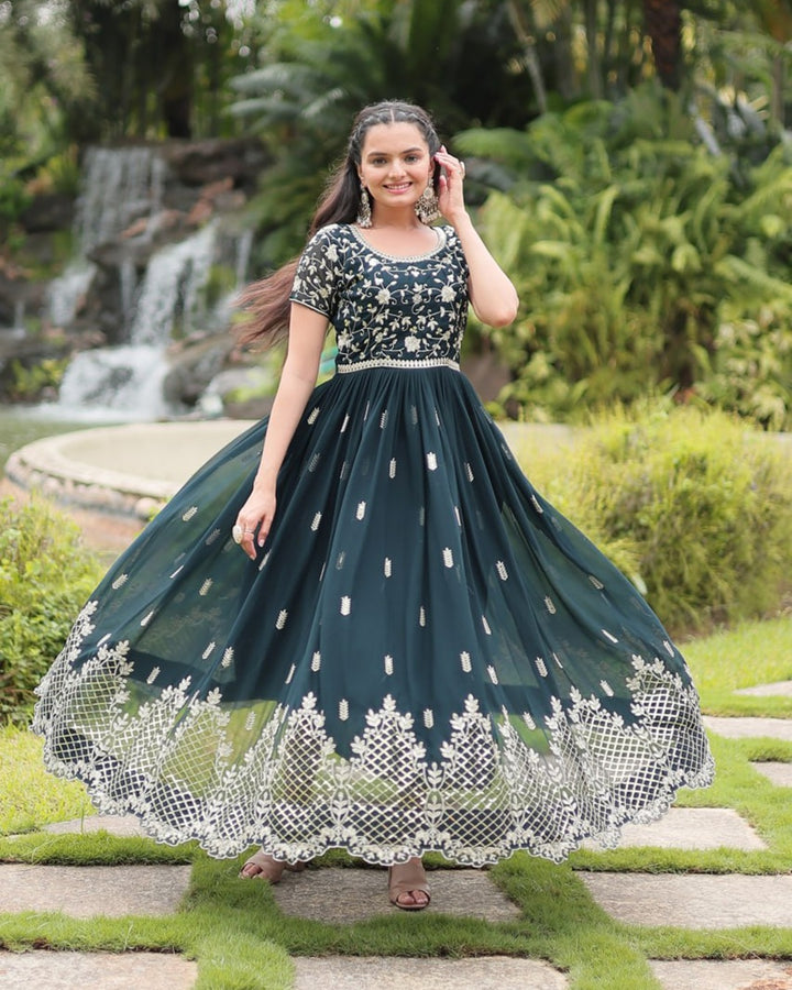 Mehndi Color Faux Blooming Embroidered Gown