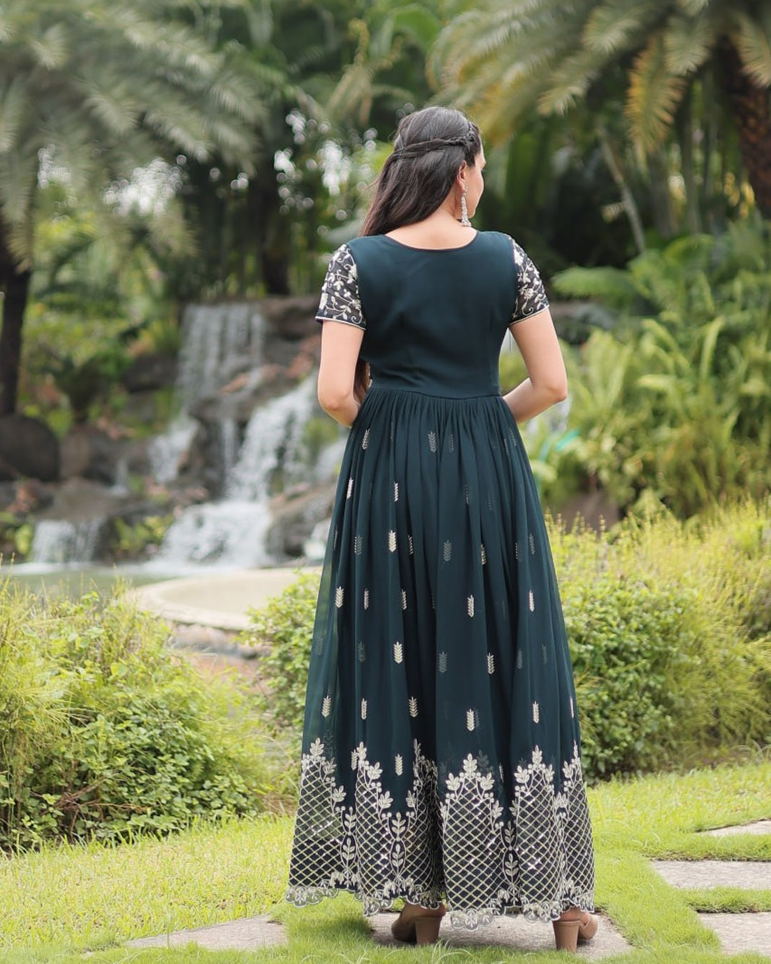 Mehndi Color Faux Blooming Embroidered Gown