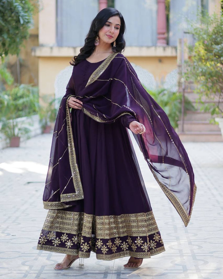 Exclusive Dark Wine Color Attractive Sequence Embroidery Work Gown