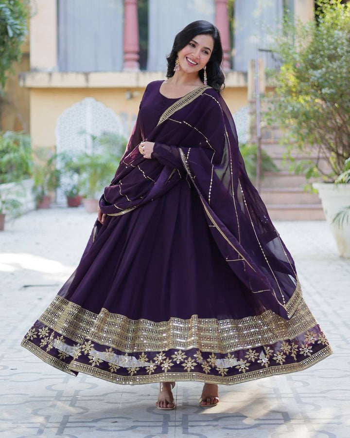 Exclusive Dark Wine Color Attractive Sequence Embroidery Work Gown