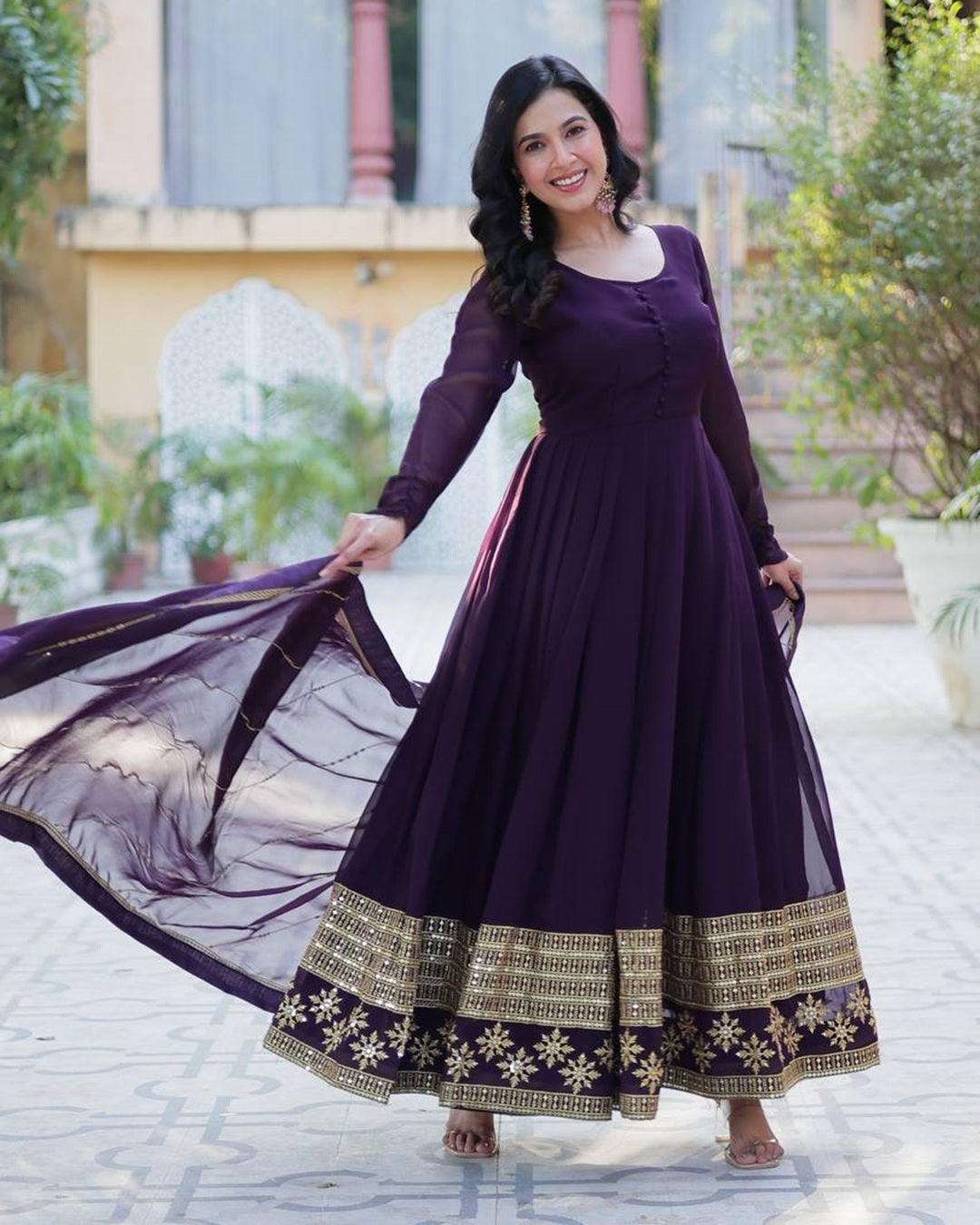Exclusive Dark Wine Color Attractive Sequence Embroidery Work Gown