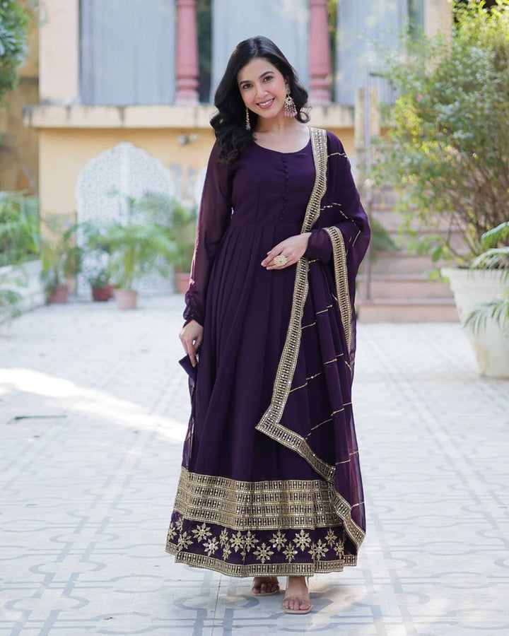 Exclusive Dark Wine Color Attractive Sequence Embroidery Work Gown
