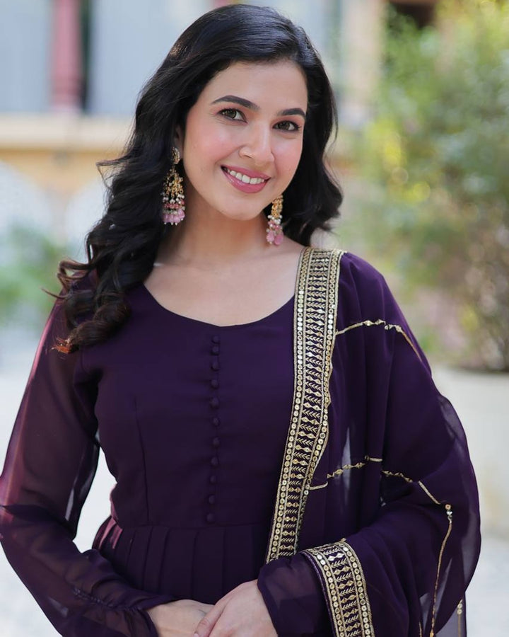 Exclusive Dark Wine Color Attractive Sequence Embroidery Work Gown