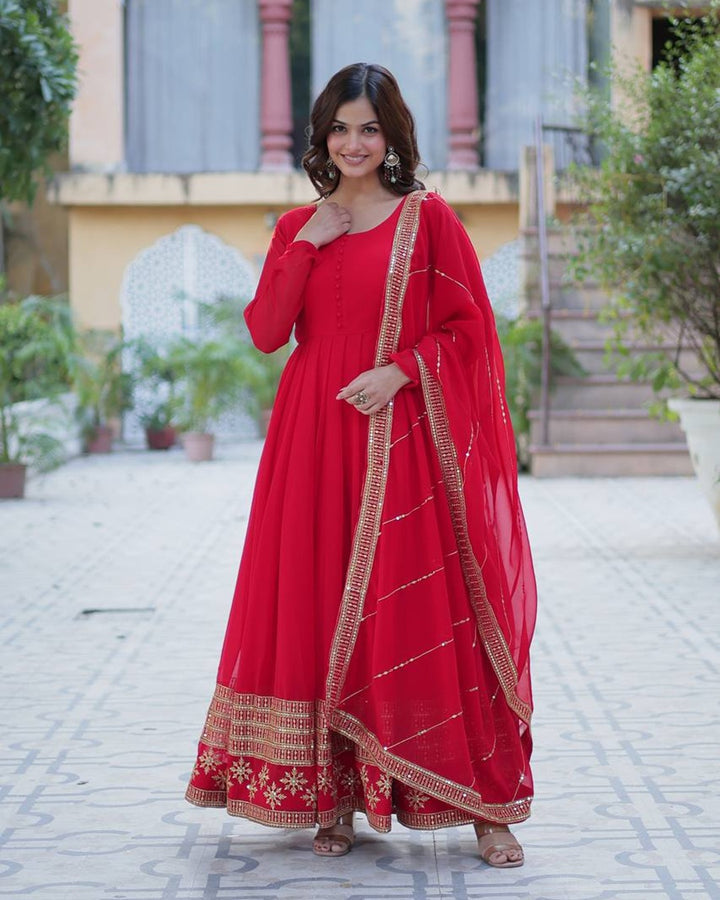 Exclusive Red Color Attractive Sequence Embroidery Work Gown