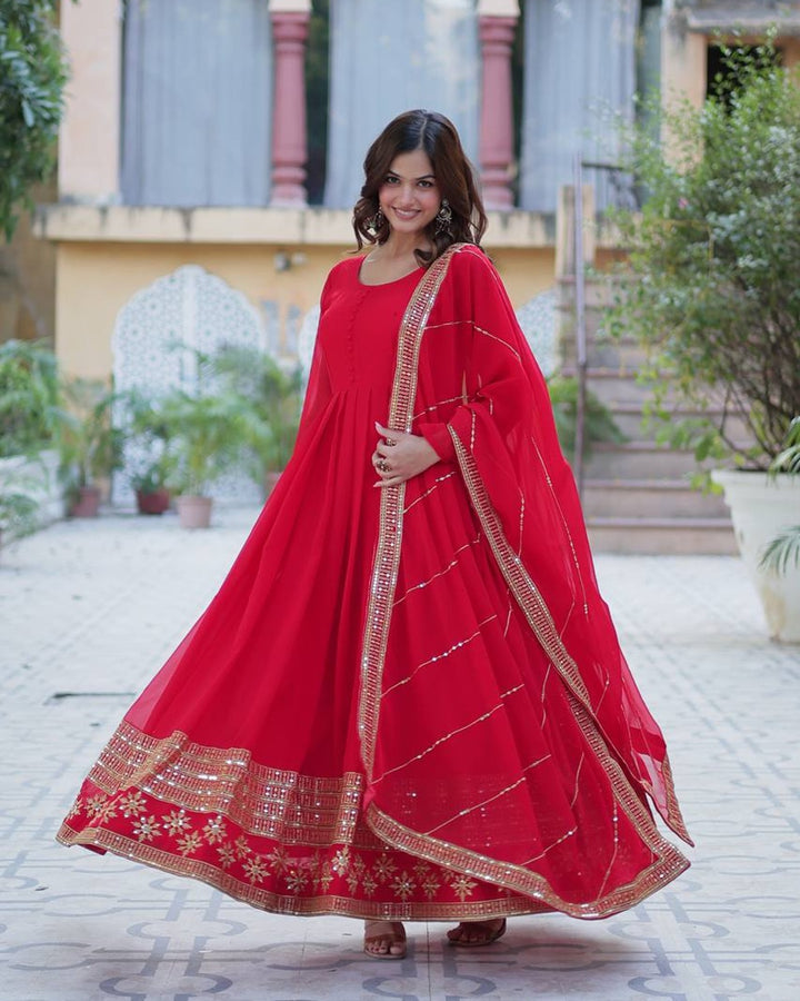Exclusive Red Color Attractive Sequence Embroidery Work Gown