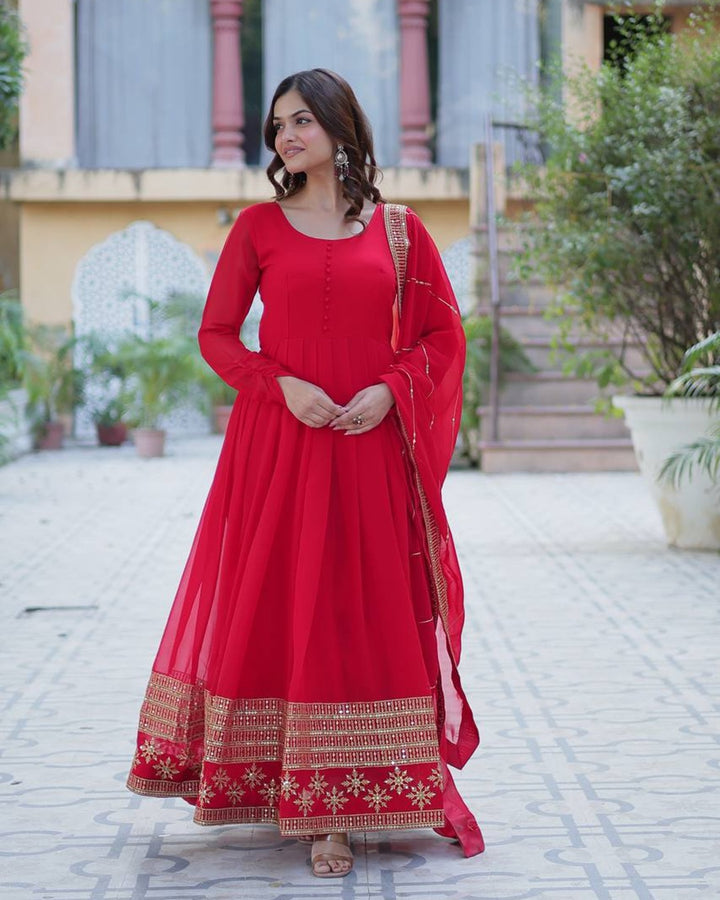 Exclusive Red Color Attractive Sequence Embroidery Work Gown