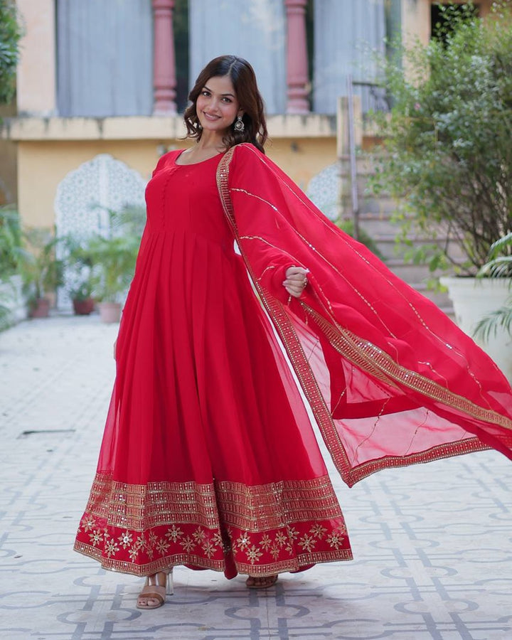 Exclusive Red Color Attractive Sequence Embroidery Work Gown