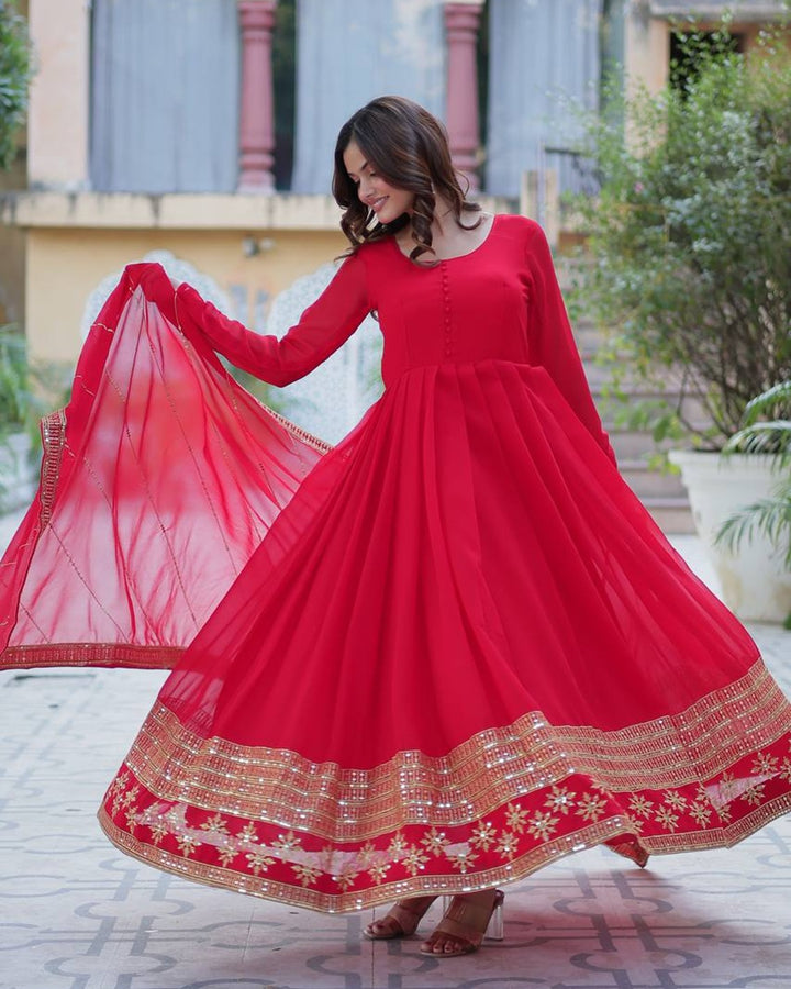 Exclusive Red Color Attractive Sequence Embroidery Work Gown
