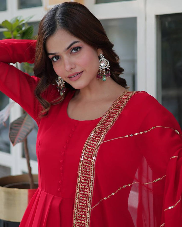 Exclusive Red Color Attractive Sequence Embroidery Work Gown