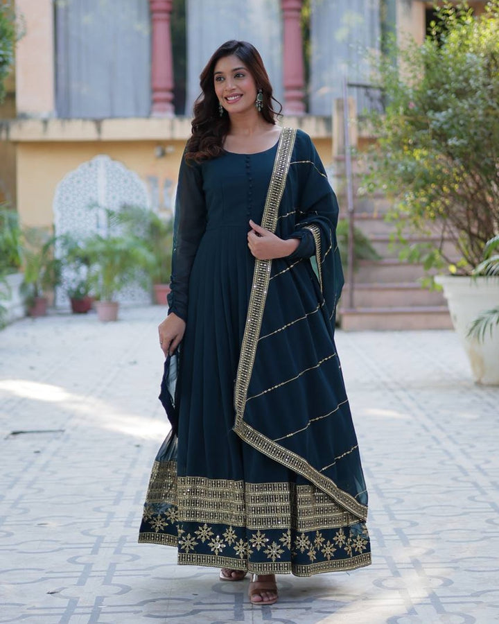 Exclusive Rama Color Attractive Sequence Embroidery Work Gown