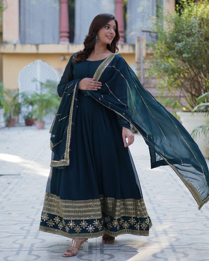 Exclusive Rama Color Attractive Sequence Embroidery Work Gown