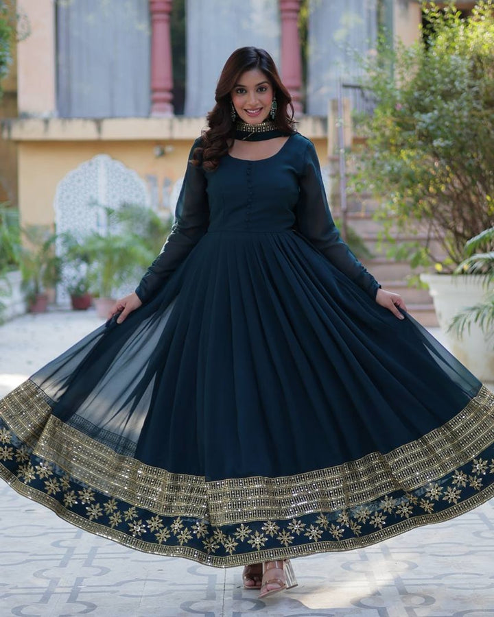 Exclusive Rama Color Attractive Sequence Embroidery Work Gown