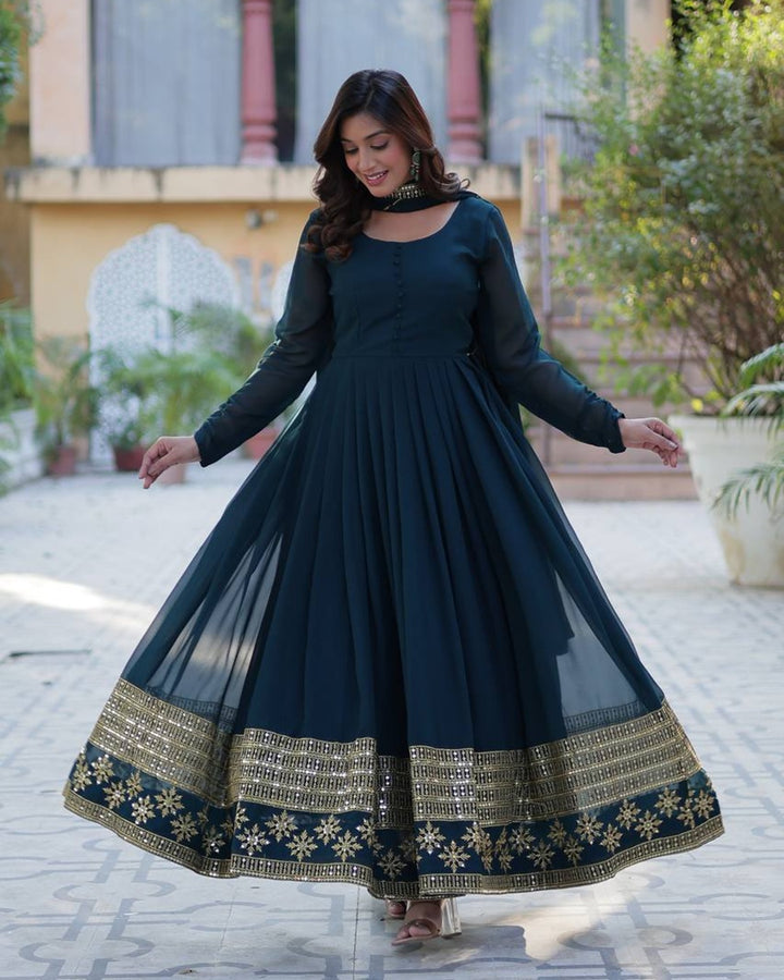 Exclusive Rama Color Attractive Sequence Embroidery Work Gown