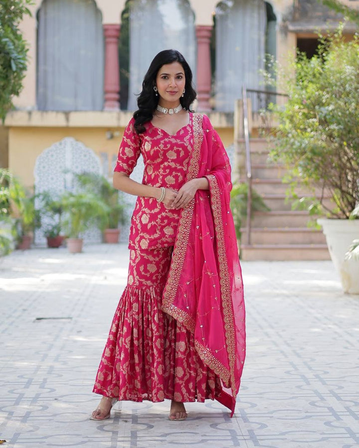 Rani Pink Color Georgette Jacquard Gharara Suit