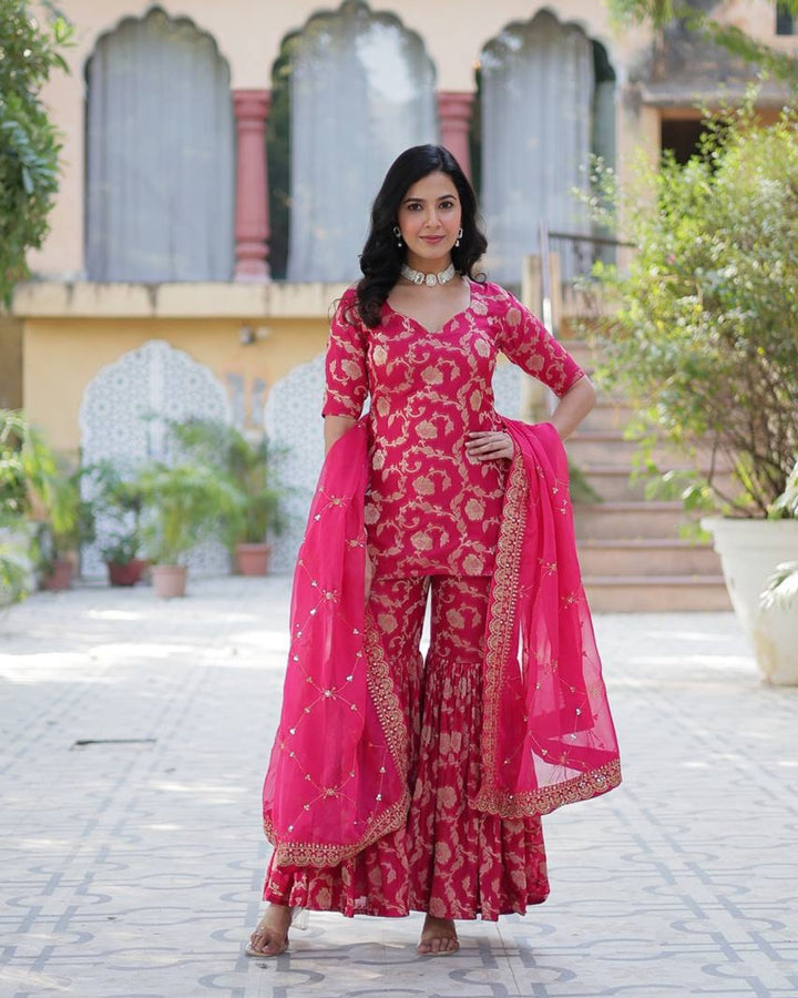 Rani Pink Color Georgette Jacquard Gharara Suit