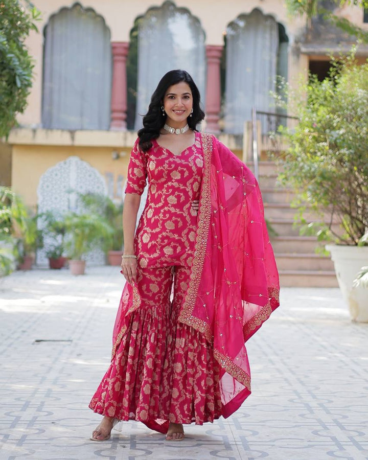 Rani Pink Color Georgette Jacquard Gharara Suit