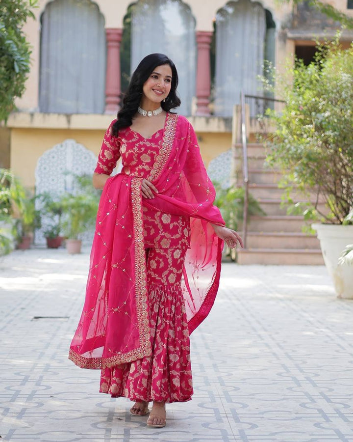 Rani Pink Color Georgette Jacquard Gharara Suit