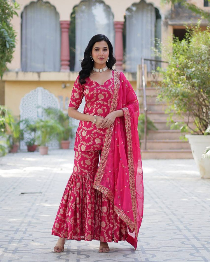 Rani Pink Color Georgette Jacquard Gharara Suit