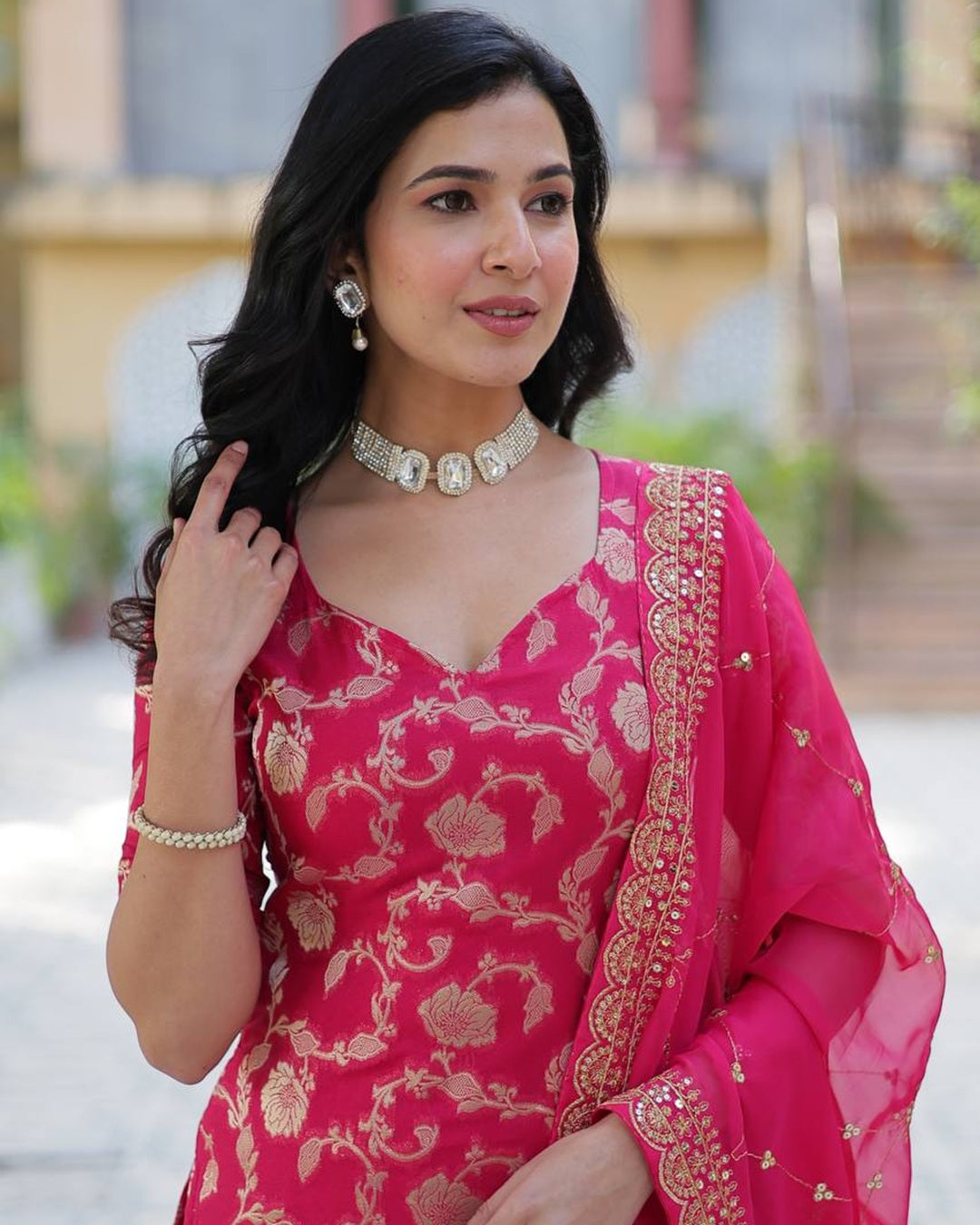 Rani Pink Color Georgette Jacquard Gharara Suit