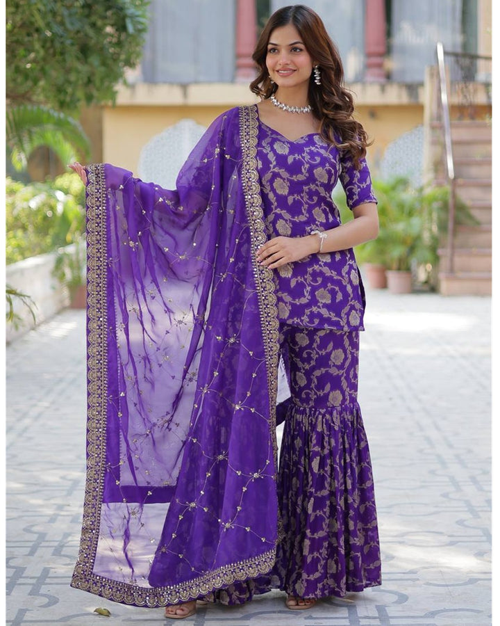 Purple Color Georgette Jacquard Gharara Suit