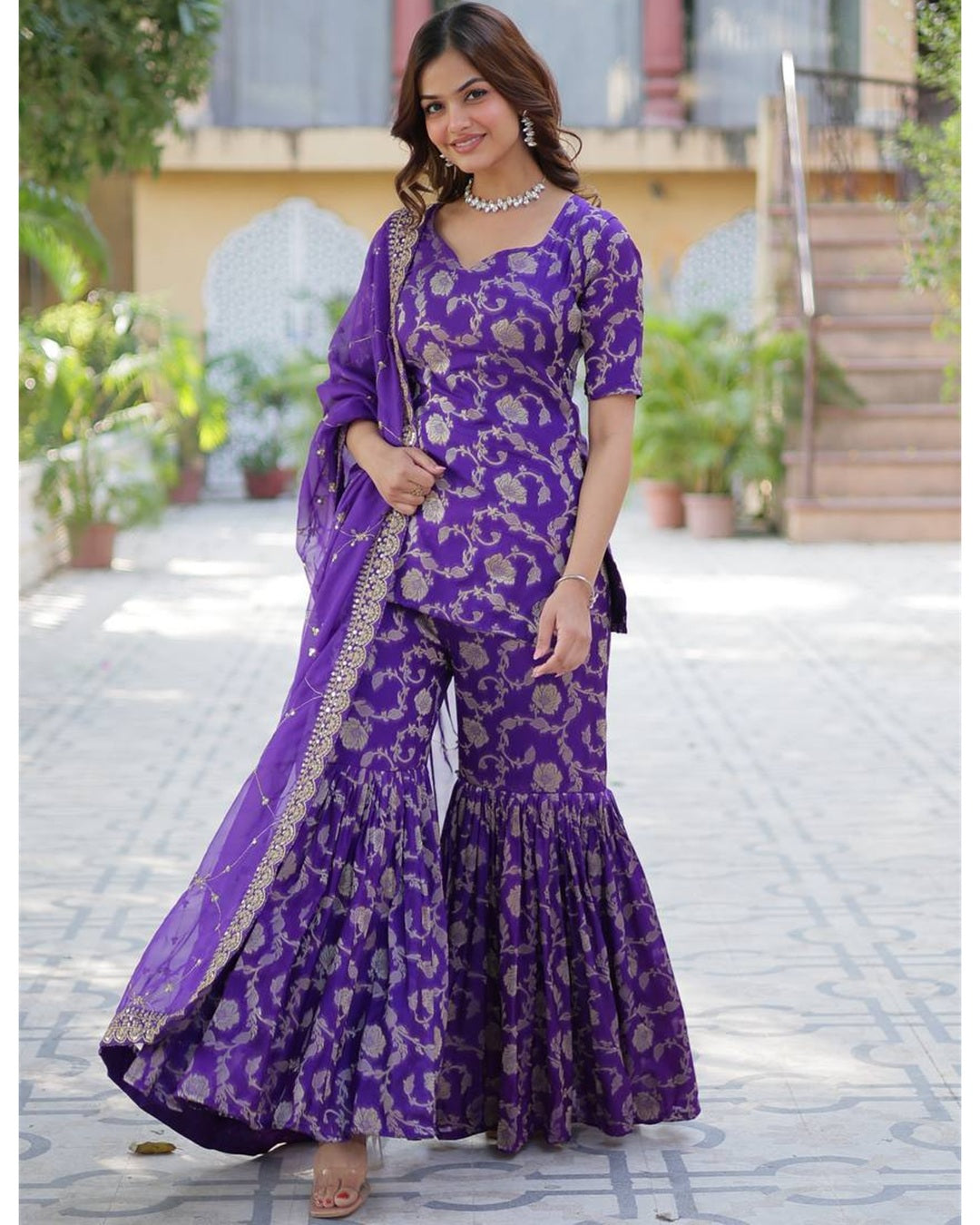 Purple Color Georgette Jacquard Gharara Suit