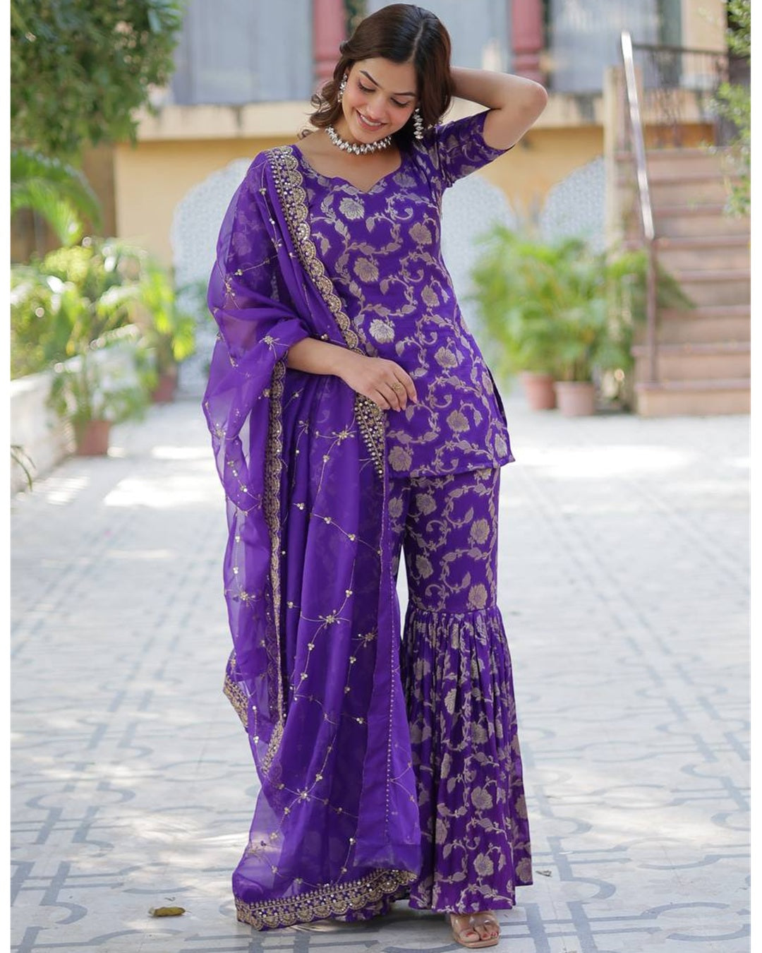 Purple Color Georgette Jacquard Gharara Suit
