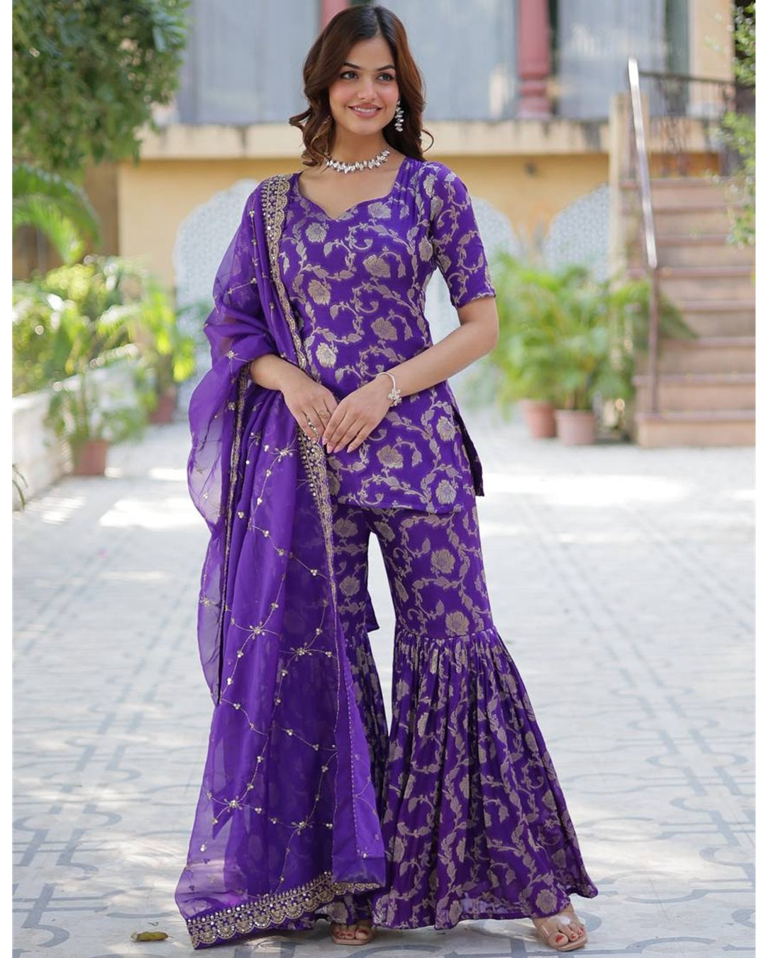 Purple Color Georgette Jacquard Gharara Suit