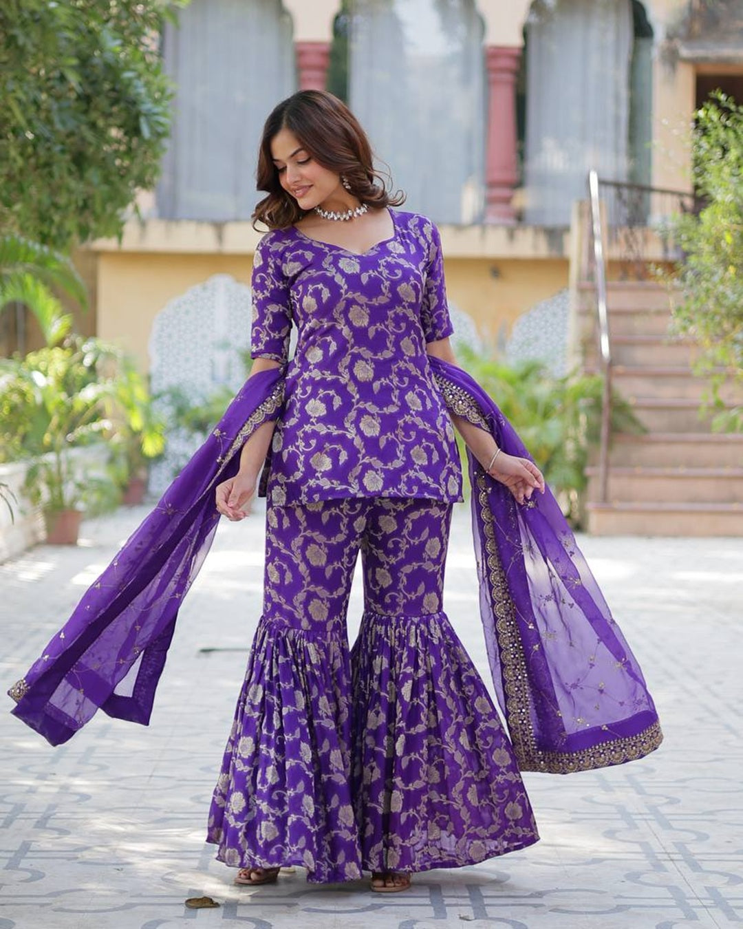 Purple Color Georgette Jacquard Gharara Suit