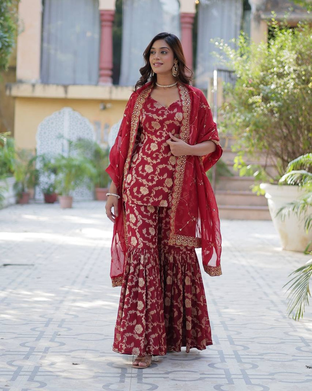 Maroon Color Georgette Jacquard Gharara Suit