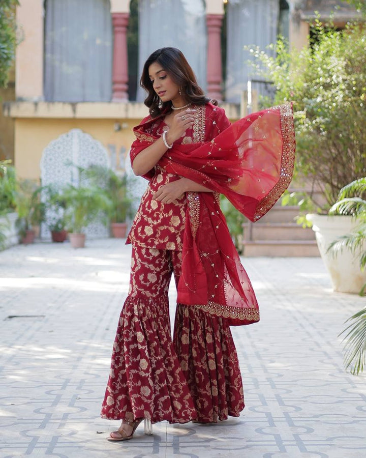 Maroon Color Georgette Jacquard Gharara Suit