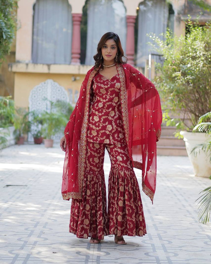 Maroon Color Georgette Jacquard Gharara Suit