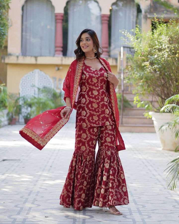 Maroon Color Georgette Jacquard Gharara Suit