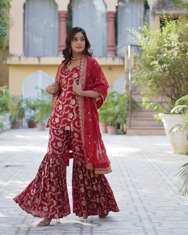 Maroon Color Georgette Jacquard Gharara Suit