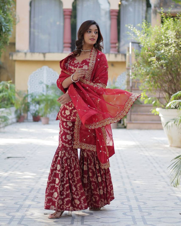 Maroon Color Georgette Jacquard Gharara Suit