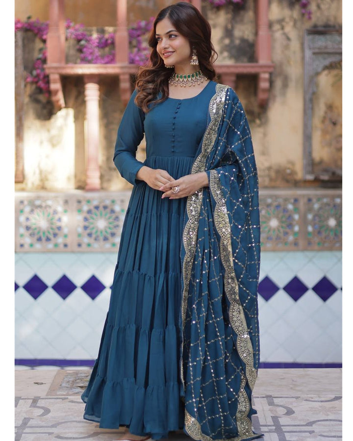 Rama Color Star Georgette Gown With Embroidered Dupatta
