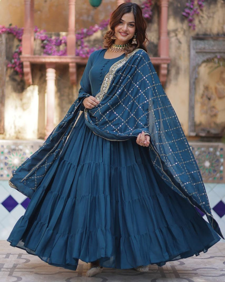 Rama Color Star Georgette Gown With Embroidered Dupatta