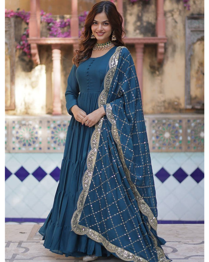 Rama Color Star Georgette Gown With Embroidered Dupatta