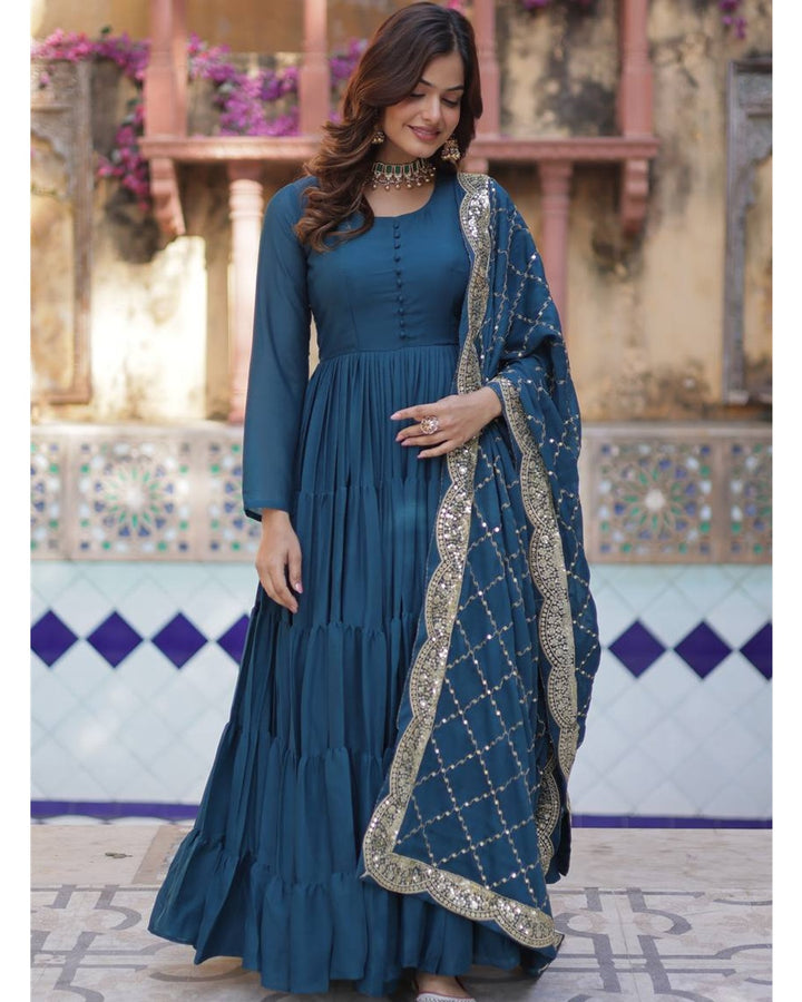 Rama Color Star Georgette Gown With Embroidered Dupatta