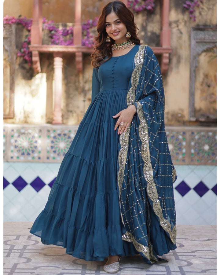 Rama Color Star Georgette Gown With Embroidered Dupatta
