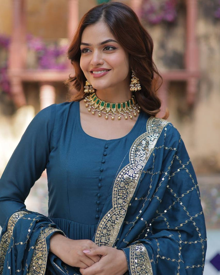 Rama Color Star Georgette Gown With Embroidered Dupatta