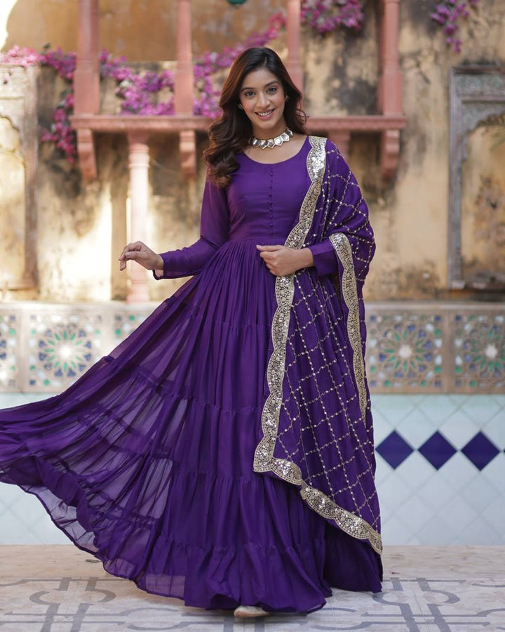 Purple Color Star Georgette Gown With Embroidered Dupatta